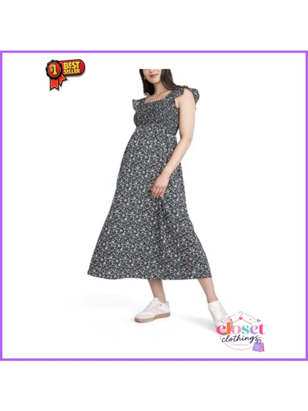 Sleeveless Ruffle Shoulder Smocked Maxi Maternity Dress
